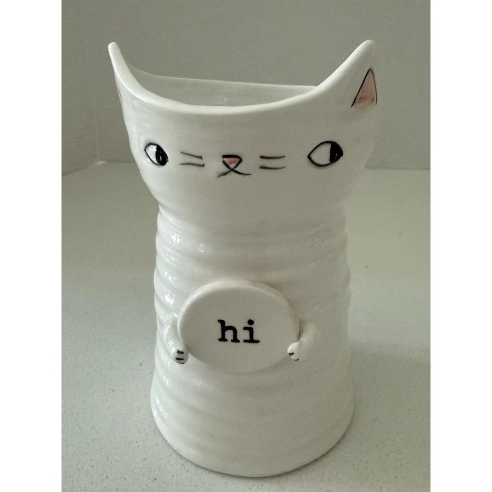 Cat White Planter Vase Ceramic Holding Hi Sign NEW‎ 6